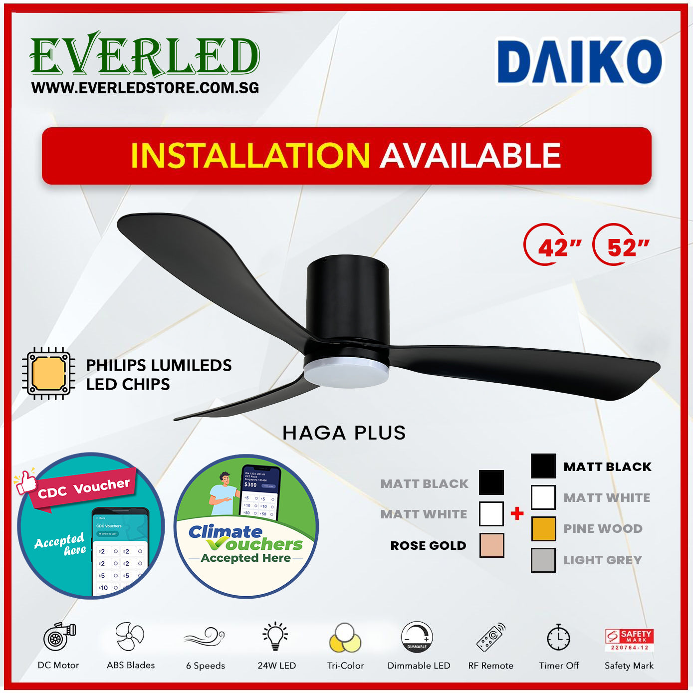 *FREE INSTALLATION* Daiko DC Haga Plus 42"/52"  with Tri-color LED (Inverter DC Fan) *CDC & Climate Voucher Accepted In Showroom*