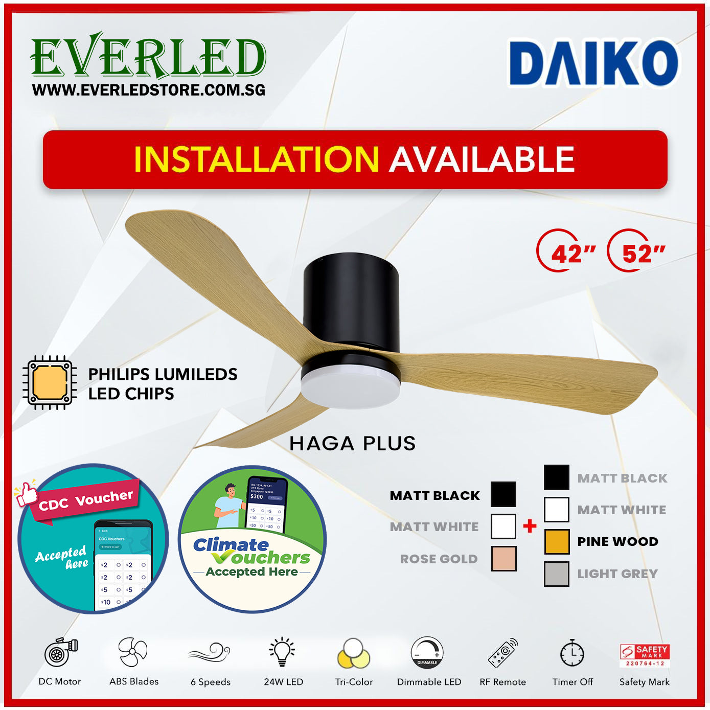 *FREE INSTALLATION* Daiko DC Haga Plus 42"/52"  with Tri-color LED (Inverter DC Fan) *CDC & Climate Voucher Accepted In Showroom*