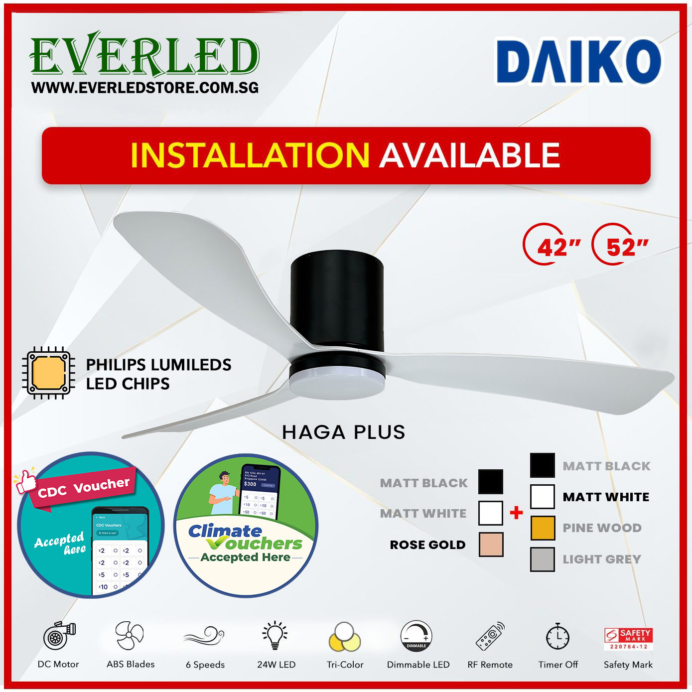 *FREE INSTALLATION* Daiko DC Haga Plus 42"/52"  with Tri-color LED (Inverter DC Fan) *CDC & Climate Voucher Accepted In Showroom*