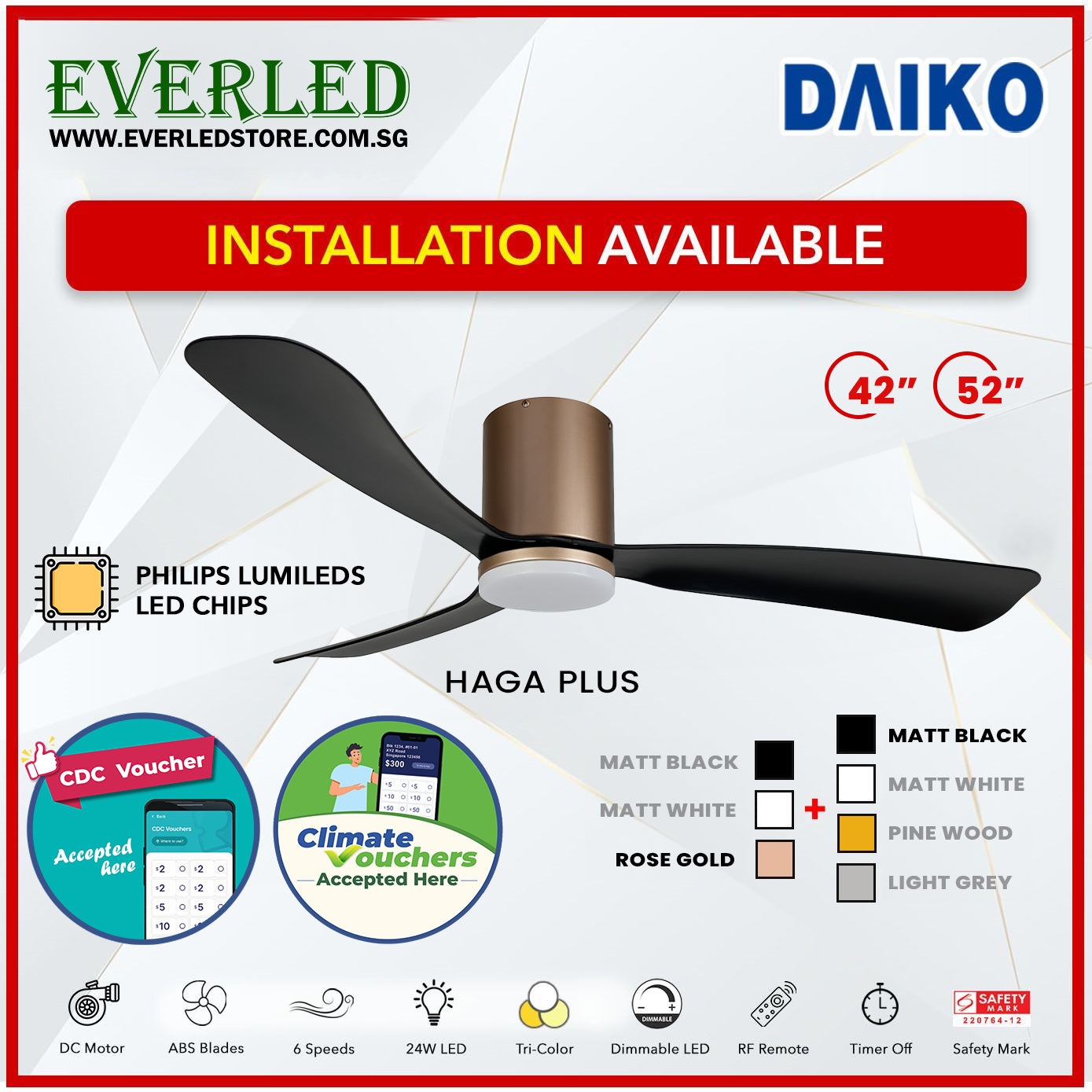 *FREE INSTALLATION* Daiko DC Haga Plus 42"/52"  with Tri-color LED (Inverter DC Fan) *CDC & Climate Voucher Accepted In Showroom*