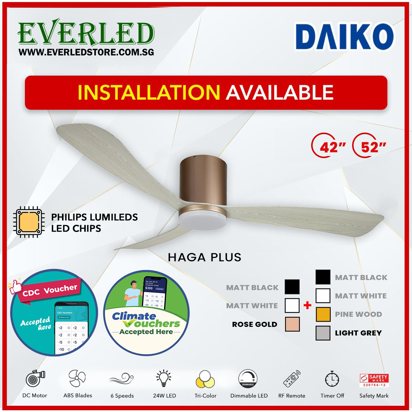 *FREE INSTALLATION* Daiko DC Haga Plus 42"/52"  with Tri-color LED (Inverter DC Fan) *CDC & Climate Voucher Accepted In Showroom*