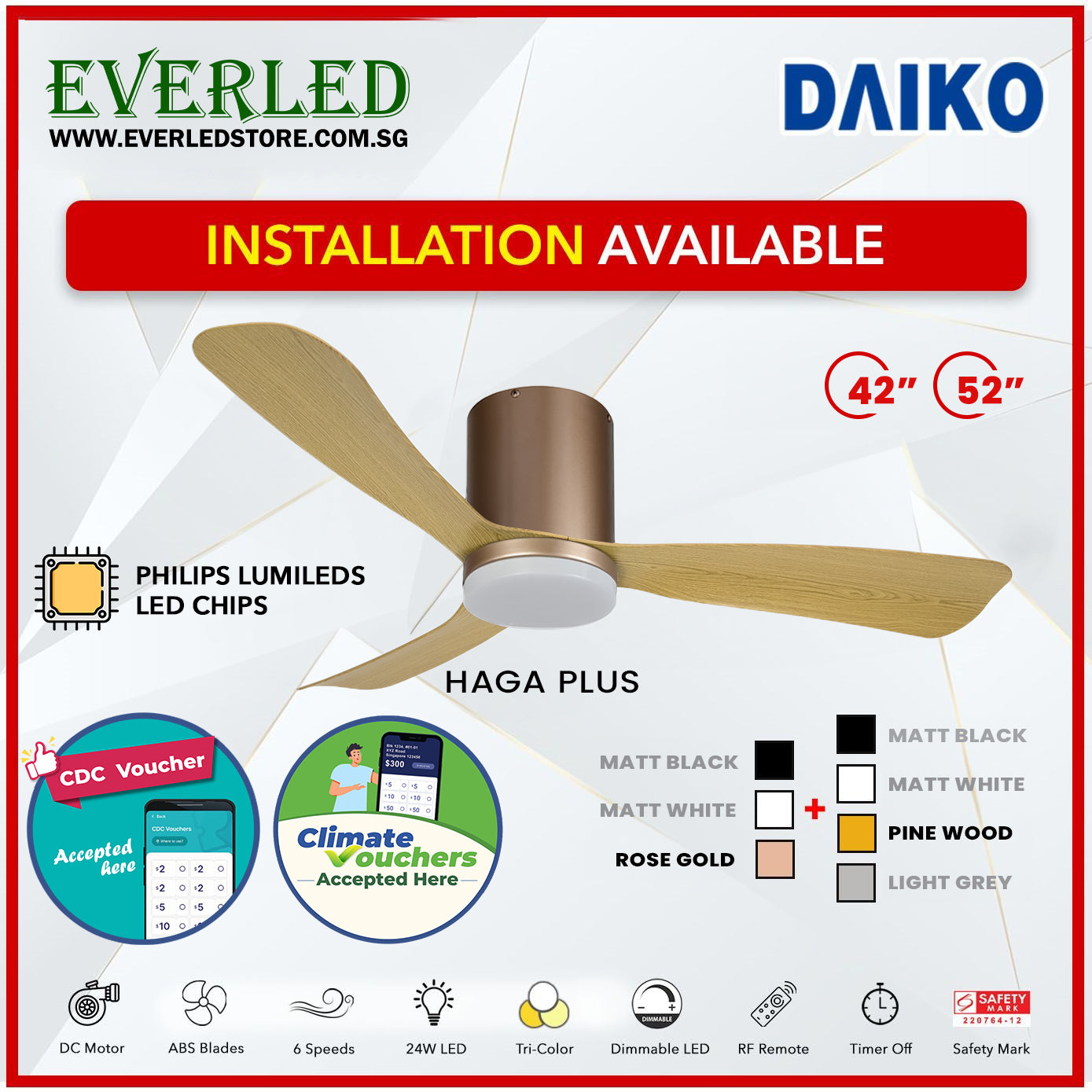 *FREE INSTALLATION* Daiko DC Haga Plus 42"/52"  with Tri-color LED (Inverter DC Fan) *CDC & Climate Voucher Accepted In Showroom*