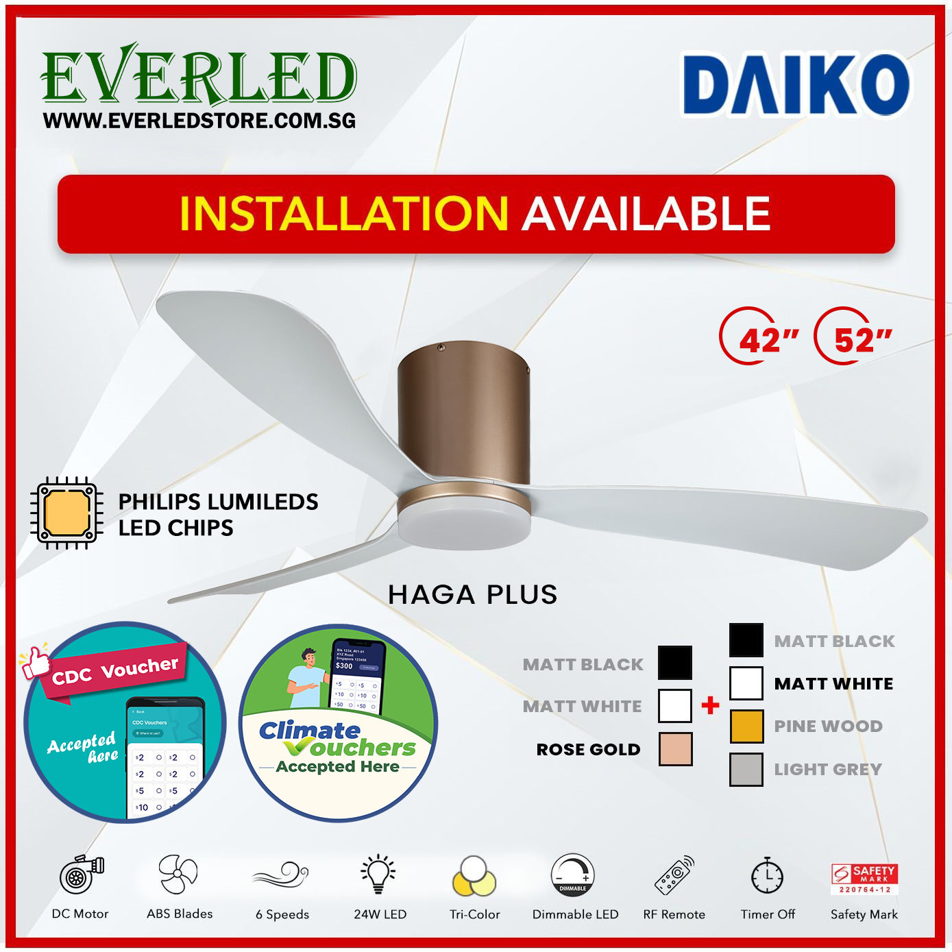 *FREE INSTALLATION* Daiko DC Haga Plus 42"/52"  with Tri-color LED (Inverter DC Fan) *CDC & Climate Voucher Accepted In Showroom*