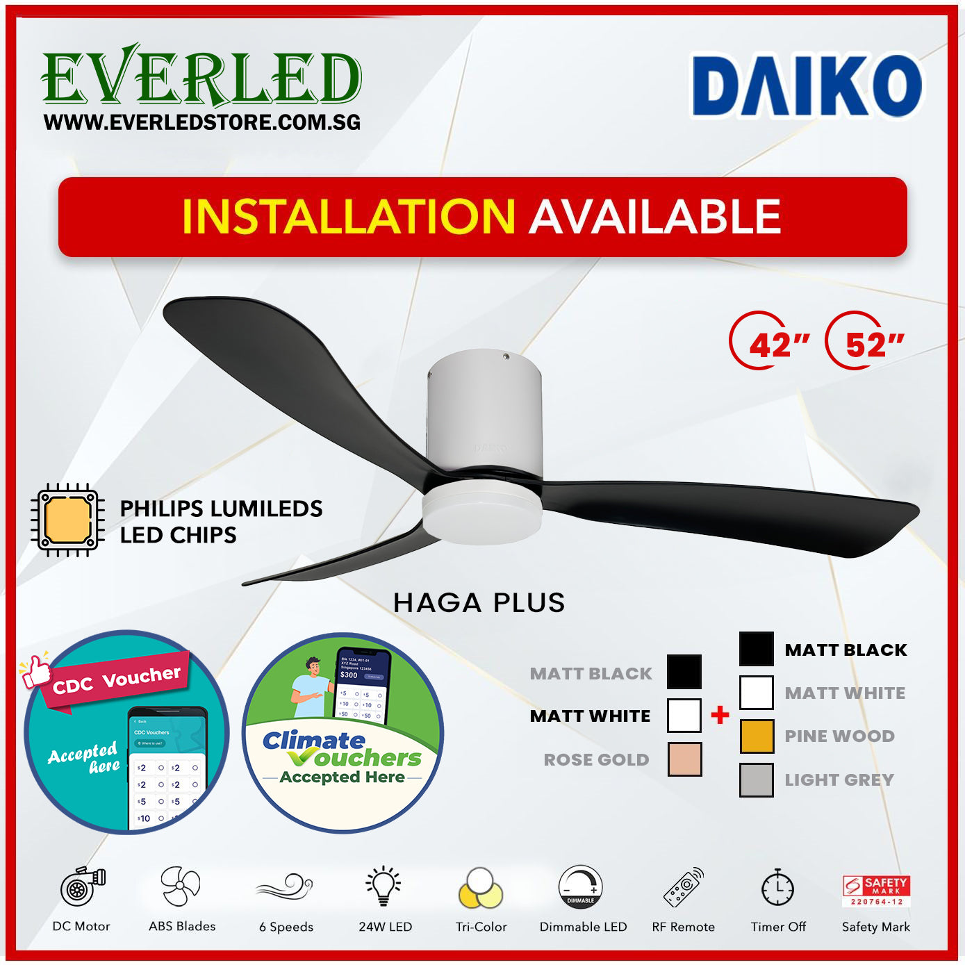 *FREE INSTALLATION* Daiko DC Haga Plus 42"/52"  with Tri-color LED (Inverter DC Fan) *CDC & Climate Voucher Accepted In Showroom*