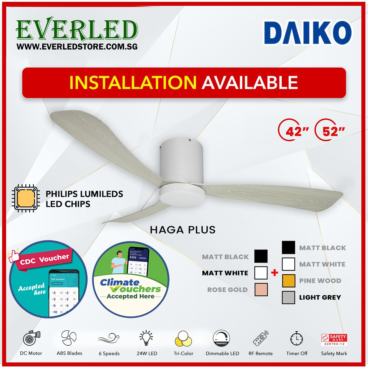 *FREE INSTALLATION* Daiko DC Haga Plus 42"/52"  with Tri-color LED (Inverter DC Fan) *CDC & Climate Voucher Accepted In Showroom*