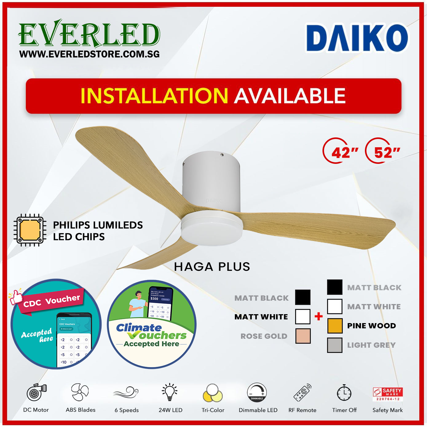 *FREE INSTALLATION* Daiko DC Haga Plus 42"/52"  with Tri-color LED (Inverter DC Fan) *CDC & Climate Voucher Accepted In Showroom*