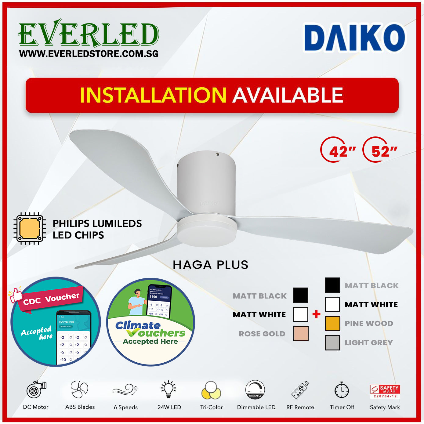 *FREE INSTALLATION* Daiko DC Haga Plus 42"/52"  with Tri-color LED (Inverter DC Fan) *CDC & Climate Voucher Accepted In Showroom*