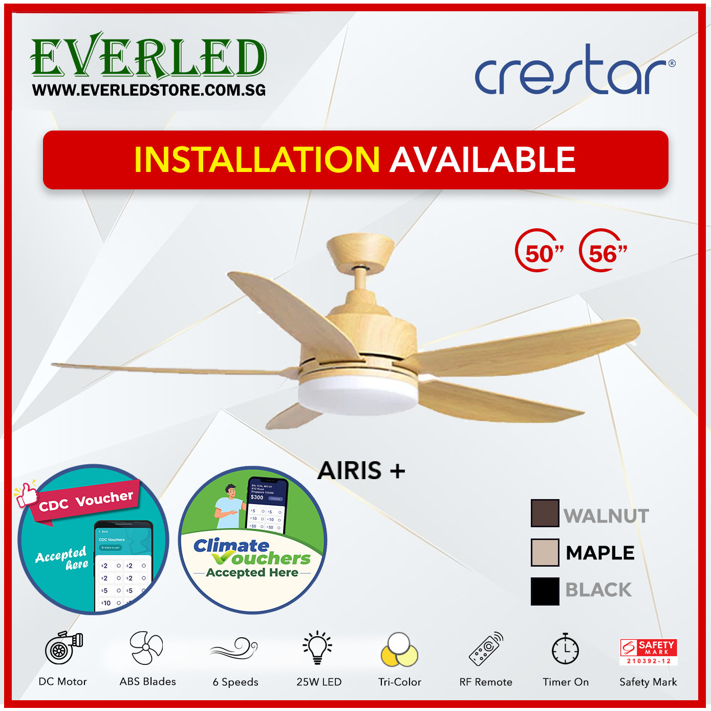 *STANDARD INSTALLATION* Crestar DC Airis+ 5B 50"/56" - With / WO Light (Inverter DC Fan) *CDC & Climate Voucher Accepted In Showroom*