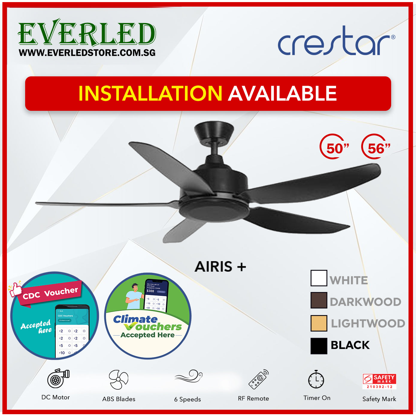 *STANDARD INSTALLATION* Crestar DC Airis+ 5B 50"/56" - With / WO Light (Inverter DC Fan) *CDC & Climate Voucher Accepted In Showroom*