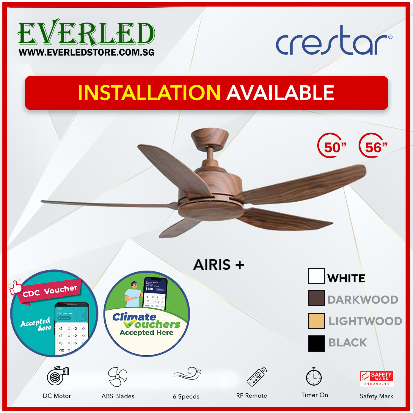 *STANDARD INSTALLATION* Crestar DC Airis+ 5B 50"/56" - With / WO Light (Inverter DC Fan) *CDC & Climate Voucher Accepted In Showroom*