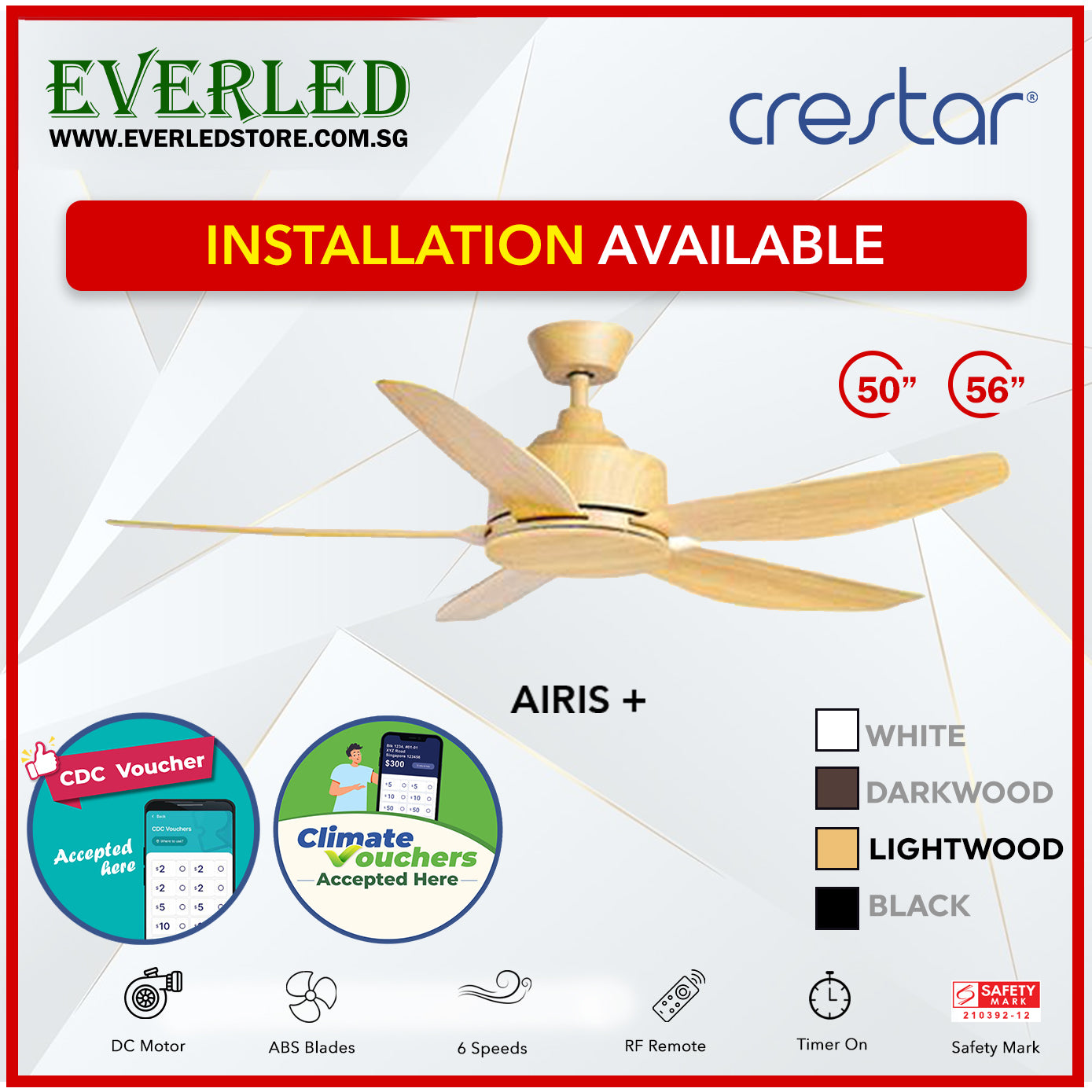 *STANDARD INSTALLATION* Crestar DC Airis+ 5B 50"/56" - With / WO Light (Inverter DC Fan) *CDC & Climate Voucher Accepted In Showroom*