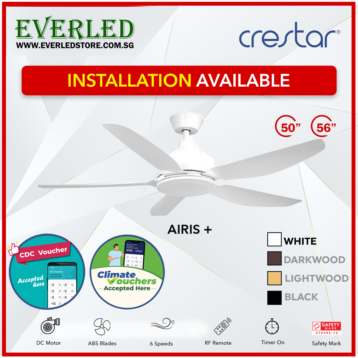 *STANDARD INSTALLATION* Crestar DC Airis+ 5B 50"/56" - With / WO Light (Inverter DC Fan) *CDC & Climate Voucher Accepted In Showroom*