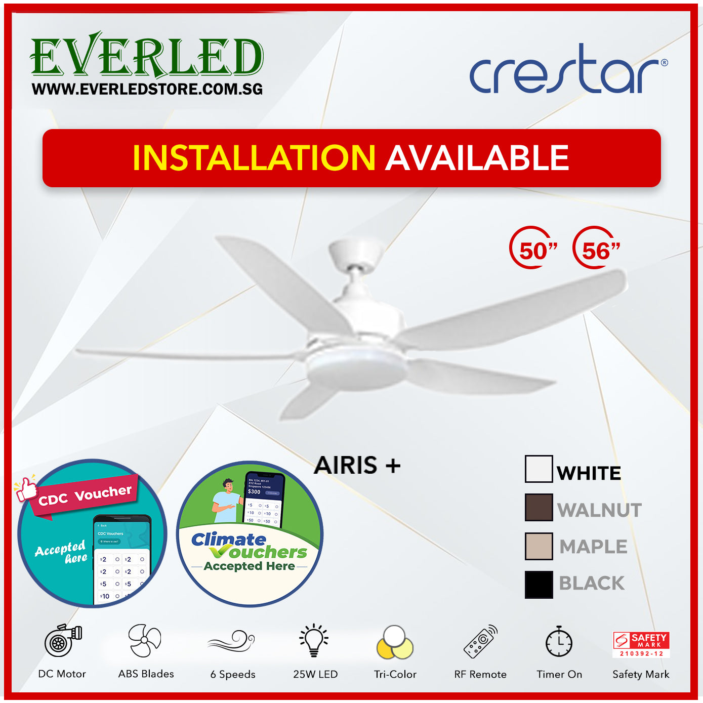 *STANDARD INSTALLATION* Crestar DC Airis+ 5B 50"/56" - With / WO Light (Inverter DC Fan) *CDC & Climate Voucher Accepted In Showroom*