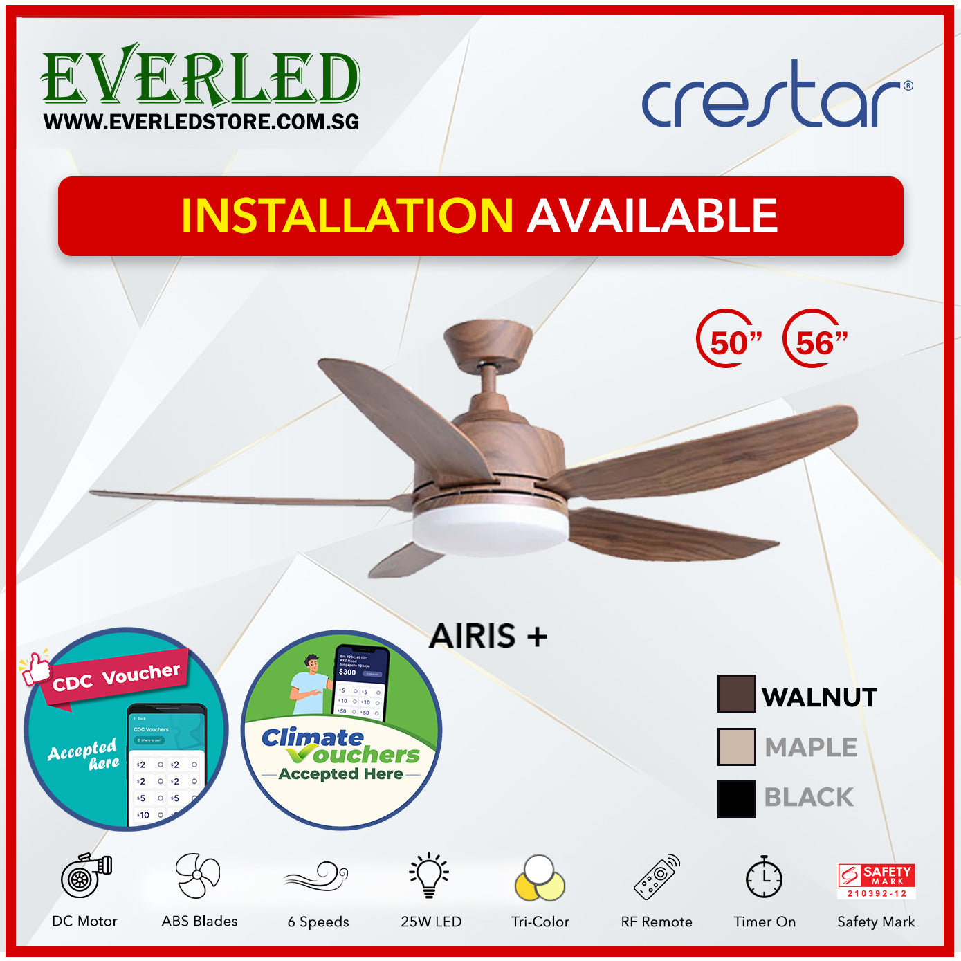 *STANDARD INSTALLATION* Crestar DC Airis+ 5B 50"/56" - With / WO Light (Inverter DC Fan) *CDC & Climate Voucher Accepted In Showroom*