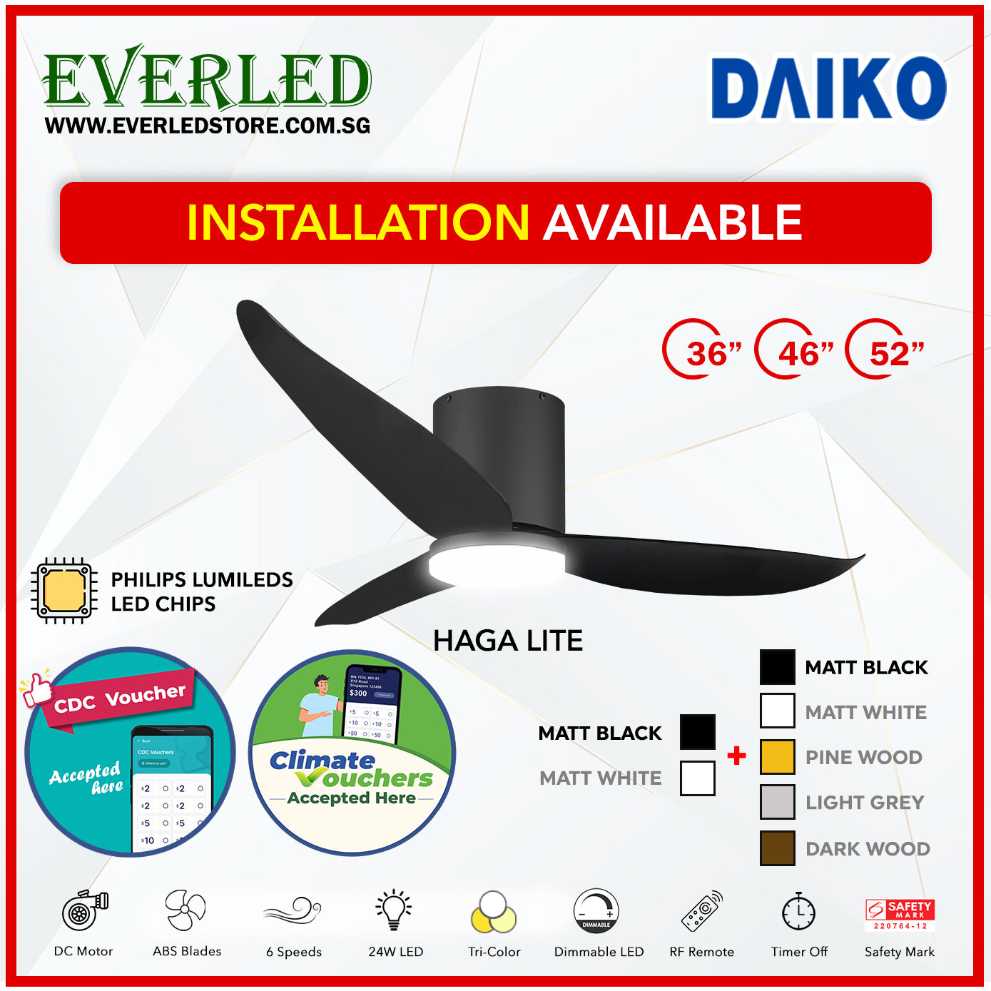 *FREE INSTALLATION*  Daiko DC Haga Lite 36"/46"/52" with Tri-color LED (Inverter DC Fan) *CDC & Climate Voucher Accepted In Showroom*