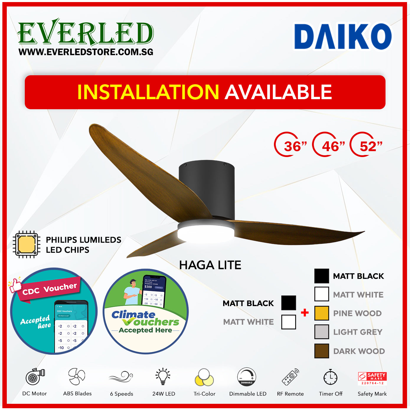 *FREE INSTALLATION*  Daiko DC Haga Lite 36"/46"/52" with Tri-color LED (Inverter DC Fan) *CDC & Climate Voucher Accepted In Showroom*