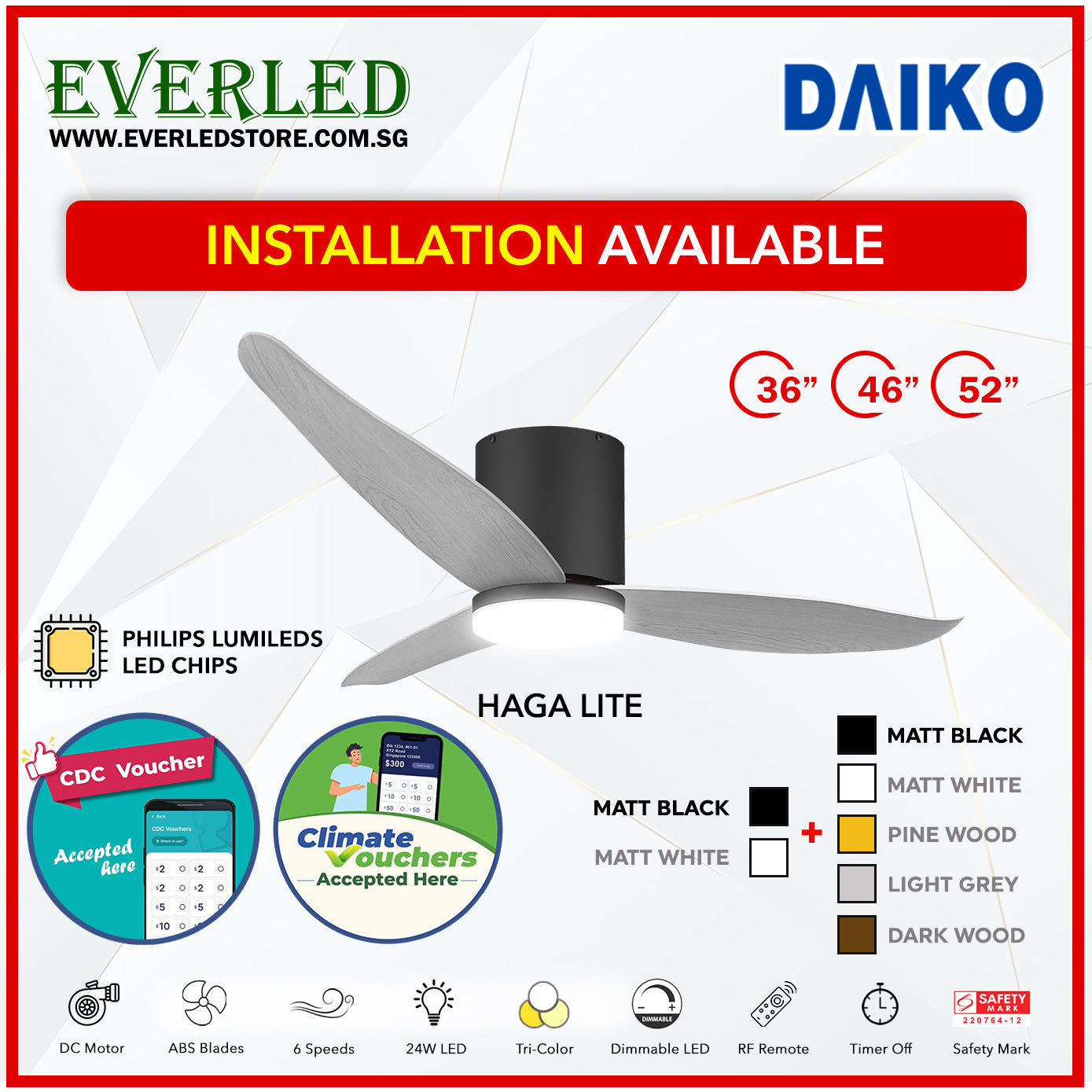 *FREE INSTALLATION*  Daiko DC Haga Lite 36"/46"/52" with Tri-color LED (Inverter DC Fan) *CDC & Climate Voucher Accepted In Showroom*