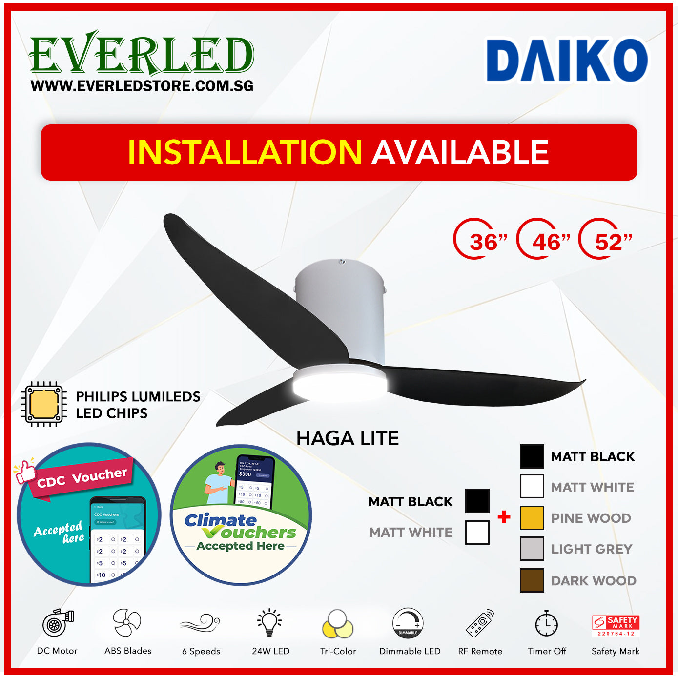 *FREE INSTALLATION*  Daiko DC Haga Lite 36"/46"/52" with Tri-color LED (Inverter DC Fan) *CDC & Climate Voucher Accepted In Showroom*