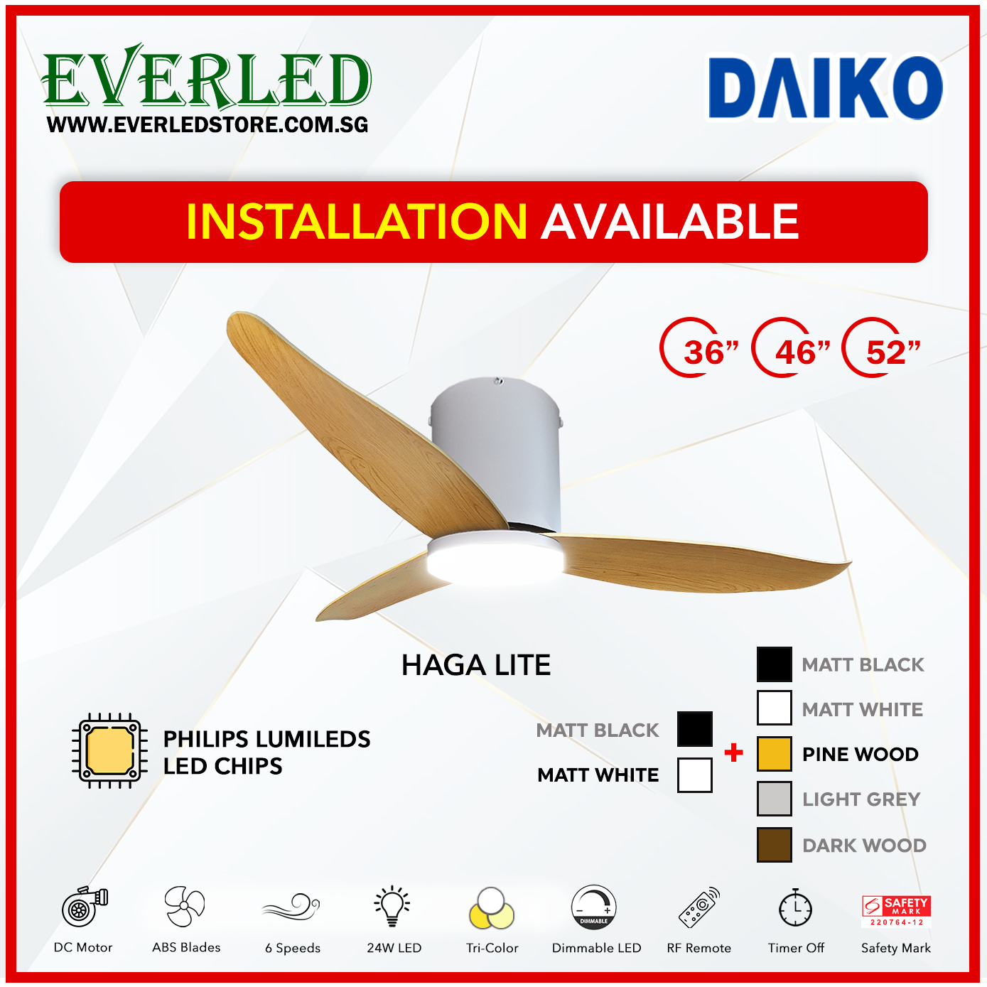 *FREE INSTALLATION*  Daiko DC Haga Lite 36"/46"/52" with Tri-color LED (Inverter DC Fan) *CDC & Climate Voucher Accepted In Showroom*