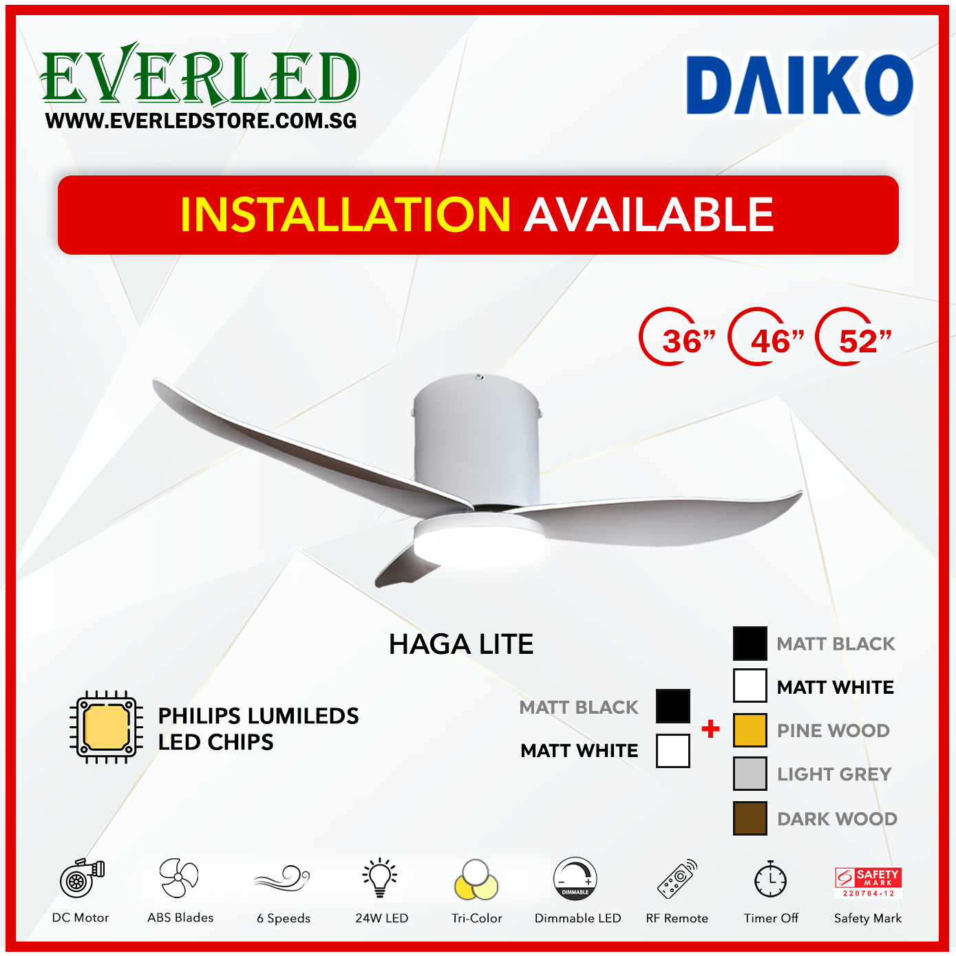 *FREE INSTALLATION*  Daiko DC Haga Lite 36"/46"/52" with Tri-color LED (Inverter DC Fan) *CDC & Climate Voucher Accepted In Showroom*